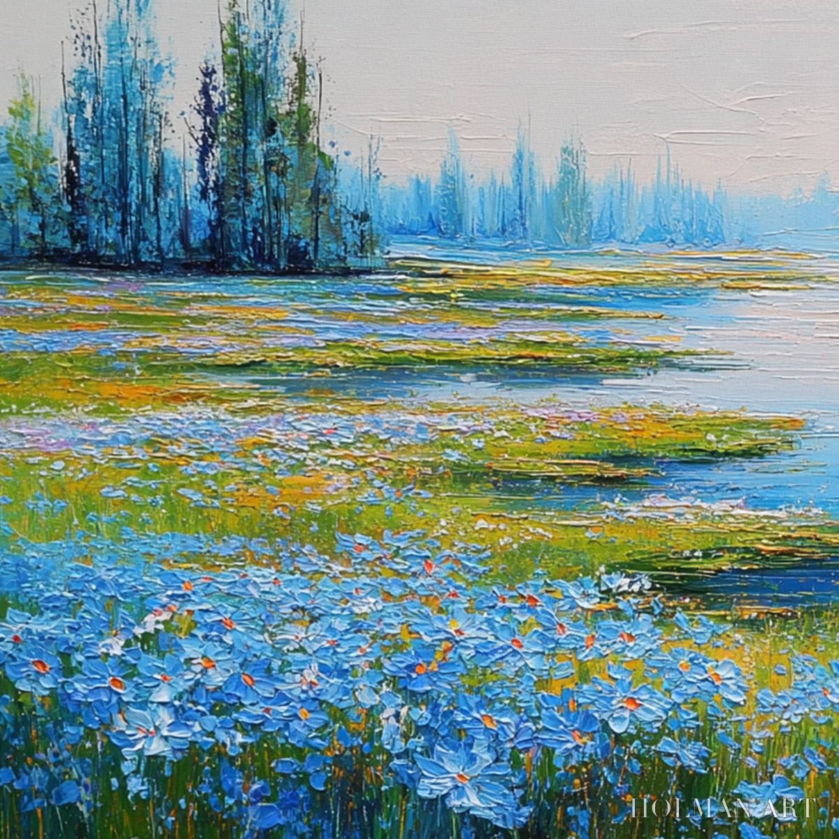 HOLMAN ART Azure Reverie – Textured Palette Knife Painting of a Serene Lakeside Meadow - image 3