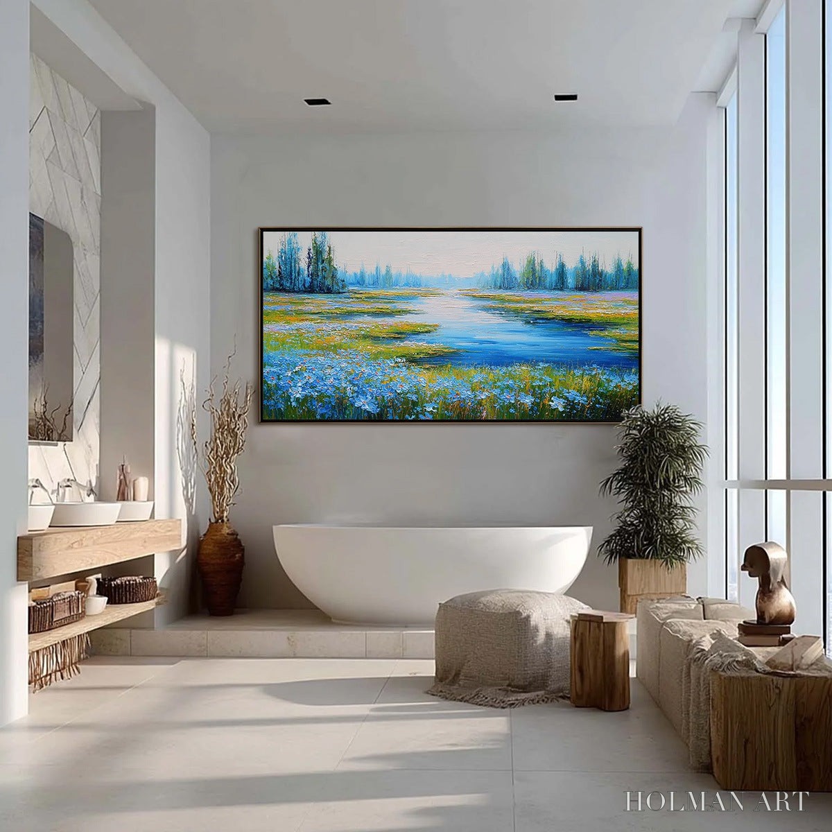 HOLMAN ART Azure Reverie – Textured Palette Knife Painting of a Serene Lakeside Meadow - image 4