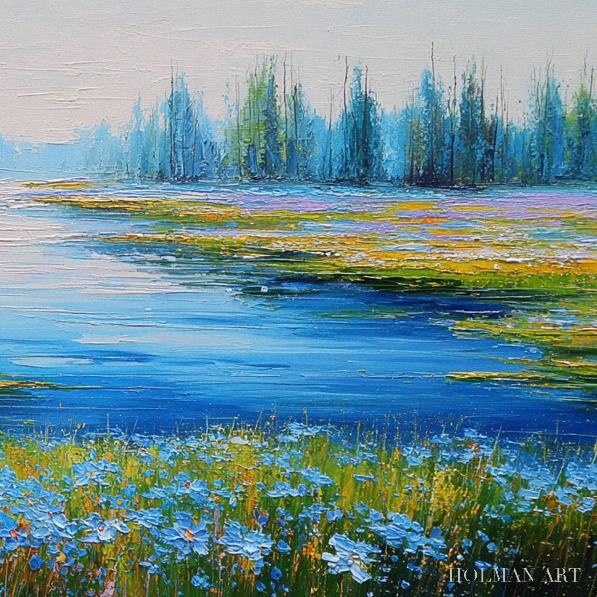 HOLMAN ART Azure Reverie – Textured Palette Knife Painting of a Serene Lakeside Meadow - image 5