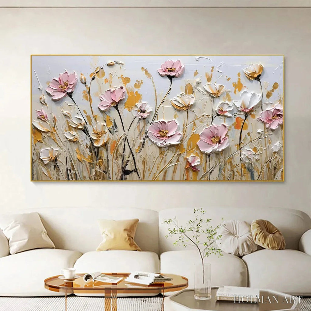 HOLMAN ART Field of Dreams – Horizontal Impasto Painting of Pink and White Flowers, Golden Field, Textured - image 2