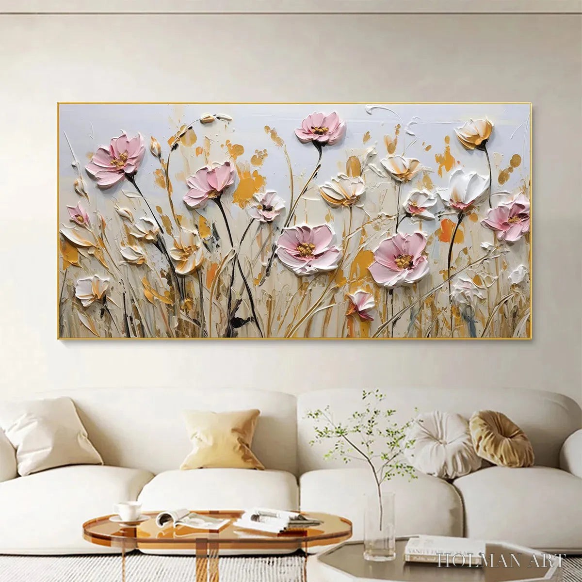 HOLMAN ART Field of Dreams – Horizontal Impasto Painting of Pink and White Flowers, Golden Field, Textured - image 2