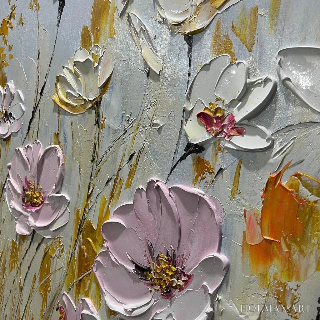 HOLMAN ART Field of Dreams – Horizontal Impasto Painting of Pink and White Flowers, Golden Field, Textured - image 3