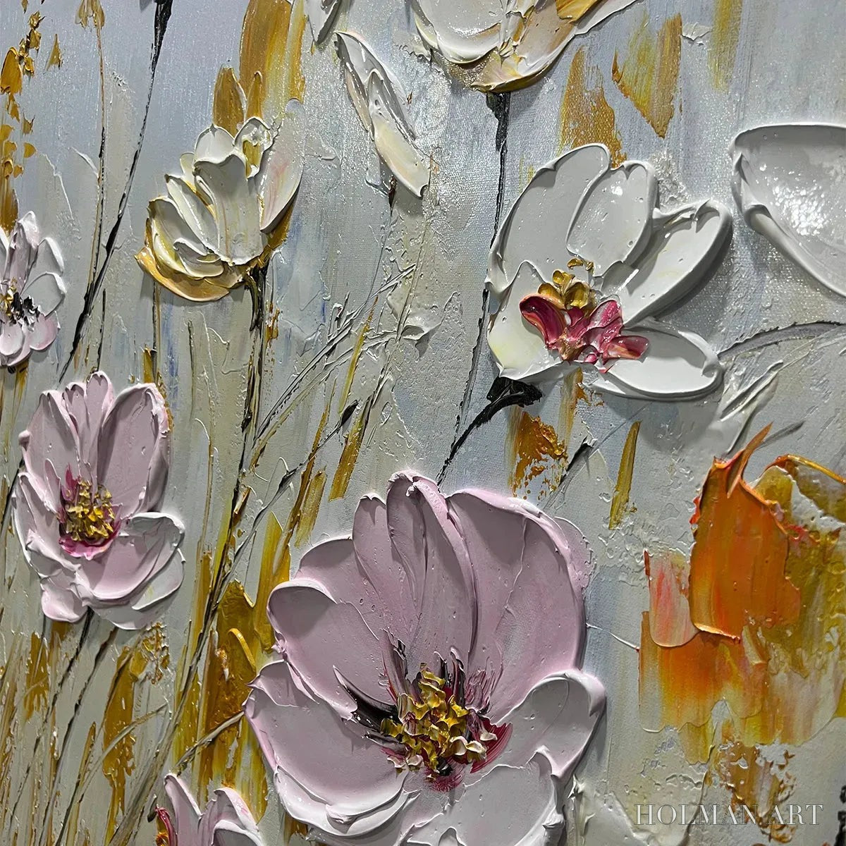 HOLMAN ART Field of Dreams – Horizontal Impasto Painting of Pink and White Flowers, Golden Field, Textured - image 3