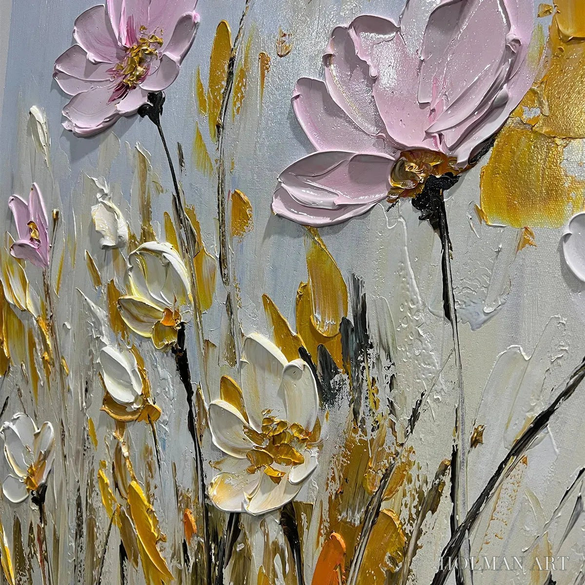 HOLMAN ART Field of Dreams – Horizontal Impasto Painting of Pink and White Flowers, Golden Field, Textured - image 5
