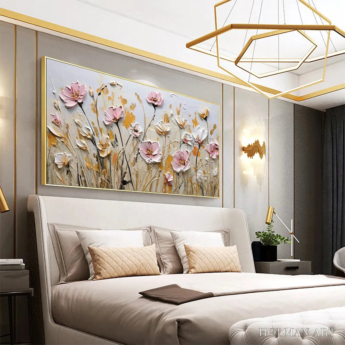 HOLMAN ART Field of Dreams – Horizontal Impasto Painting of Pink and White Flowers, Golden Field, Textured - image 6