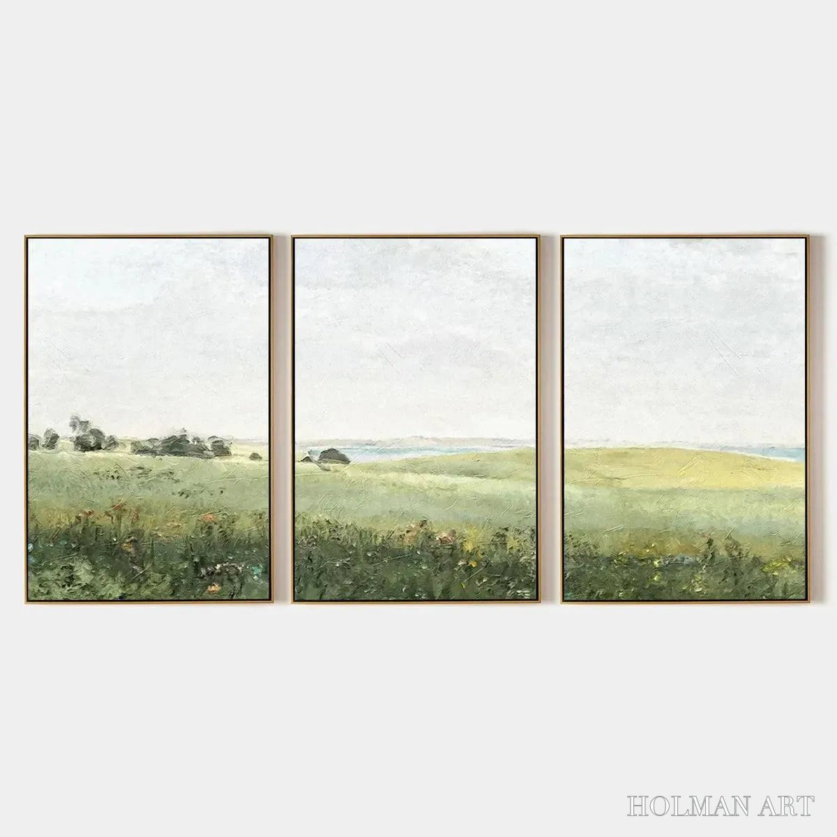 HOLMAN ART Green Field Triptych – Minimalist Landscape Painting Set of 3 - image 1