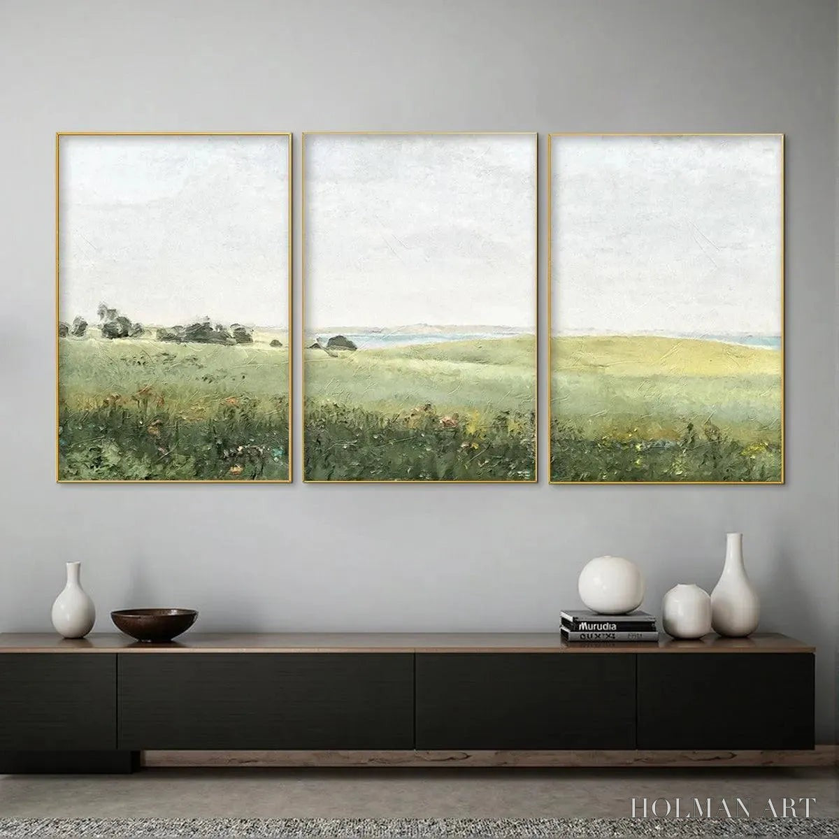 HOLMAN ART Green Field Triptych – Minimalist Landscape Painting Set of 3 - image 2