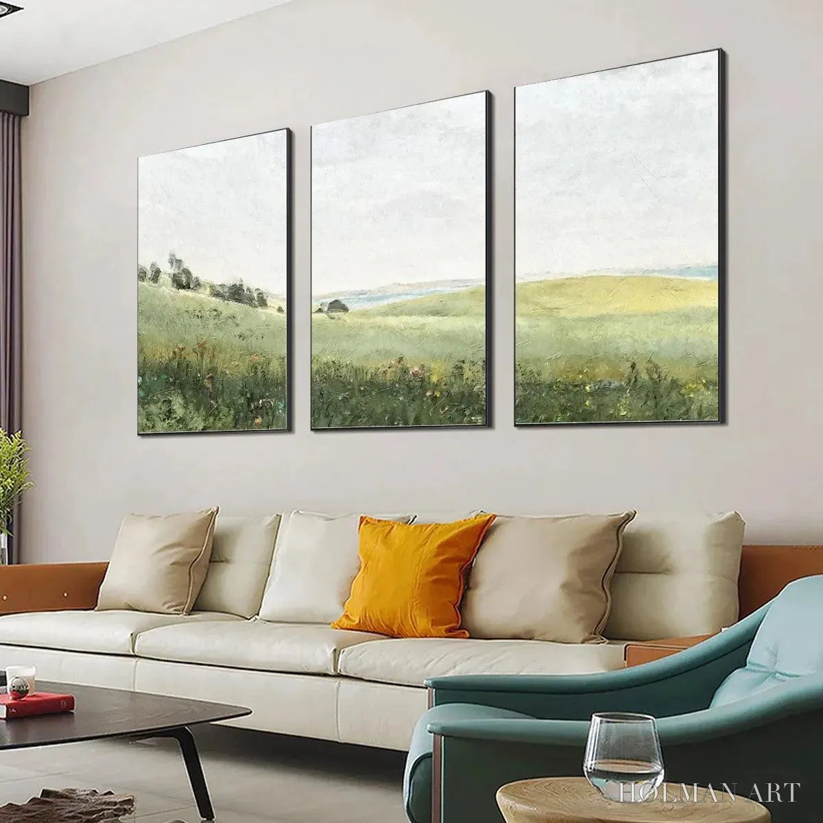 HOLMAN ART Green Field Triptych – Minimalist Landscape Painting Set of 3 - image 4