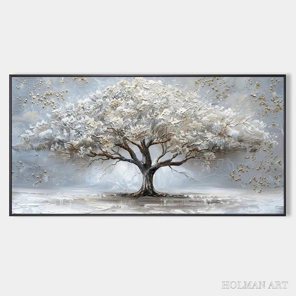 HOLMAN ART Silver Lining – Textured White and Gold Tree Painting on Grey Background - image 1