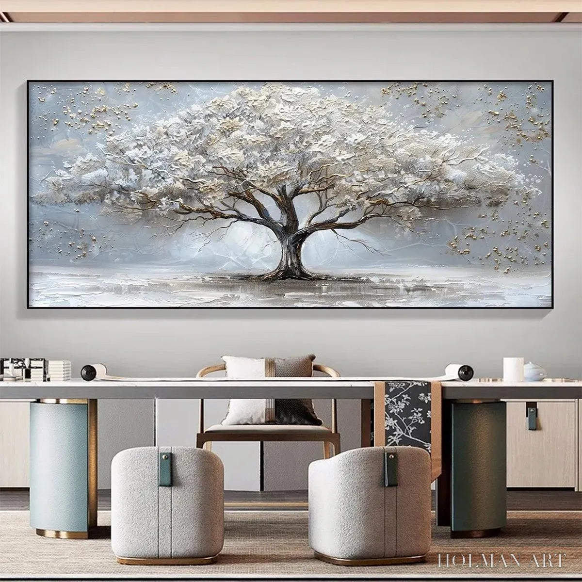 HOLMAN ART Silver Lining – Textured White and Gold Tree Painting on Grey Background - image 2