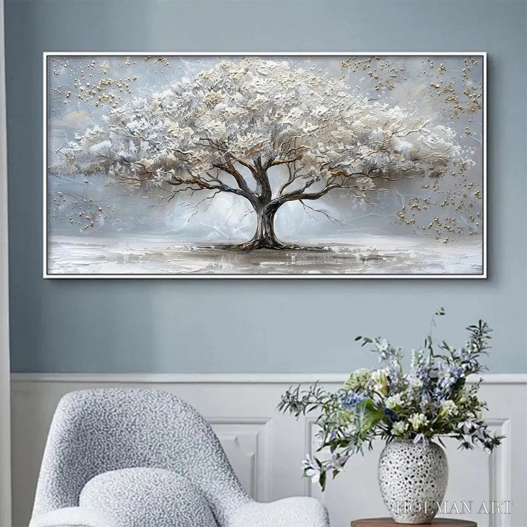 HOLMAN ART Silver Lining – Textured White and Gold Tree Painting on Grey Background - image 4