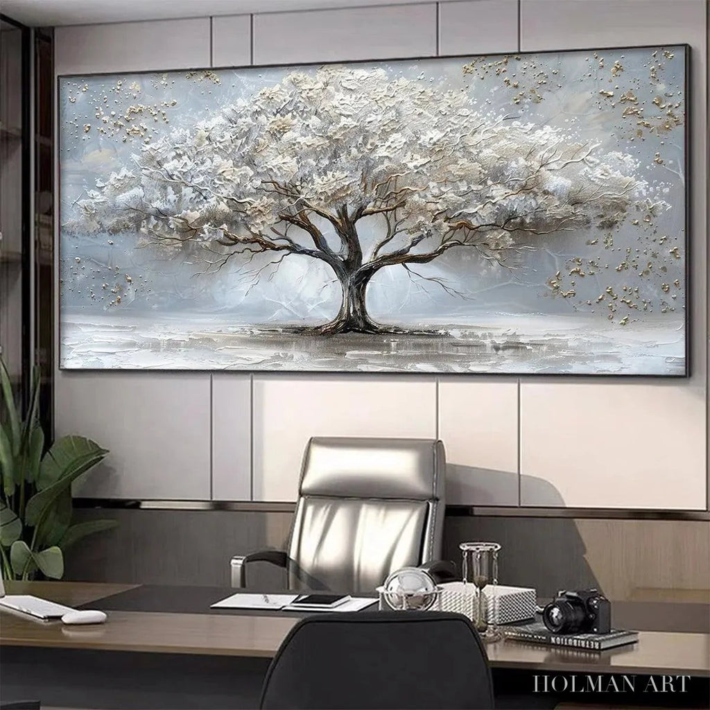 HOLMAN ART Silver Lining – Textured White and Gold Tree Painting on Grey Background - image 6