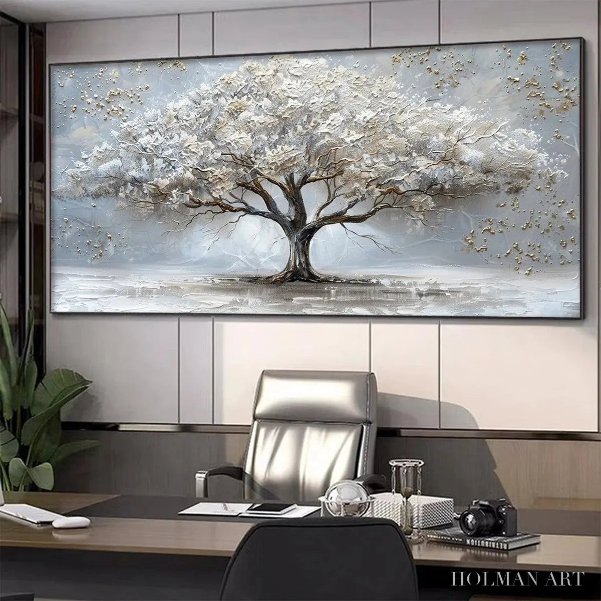 HOLMAN ART Silver Lining – Textured White and Gold Tree Painting on Grey Background - image 6
