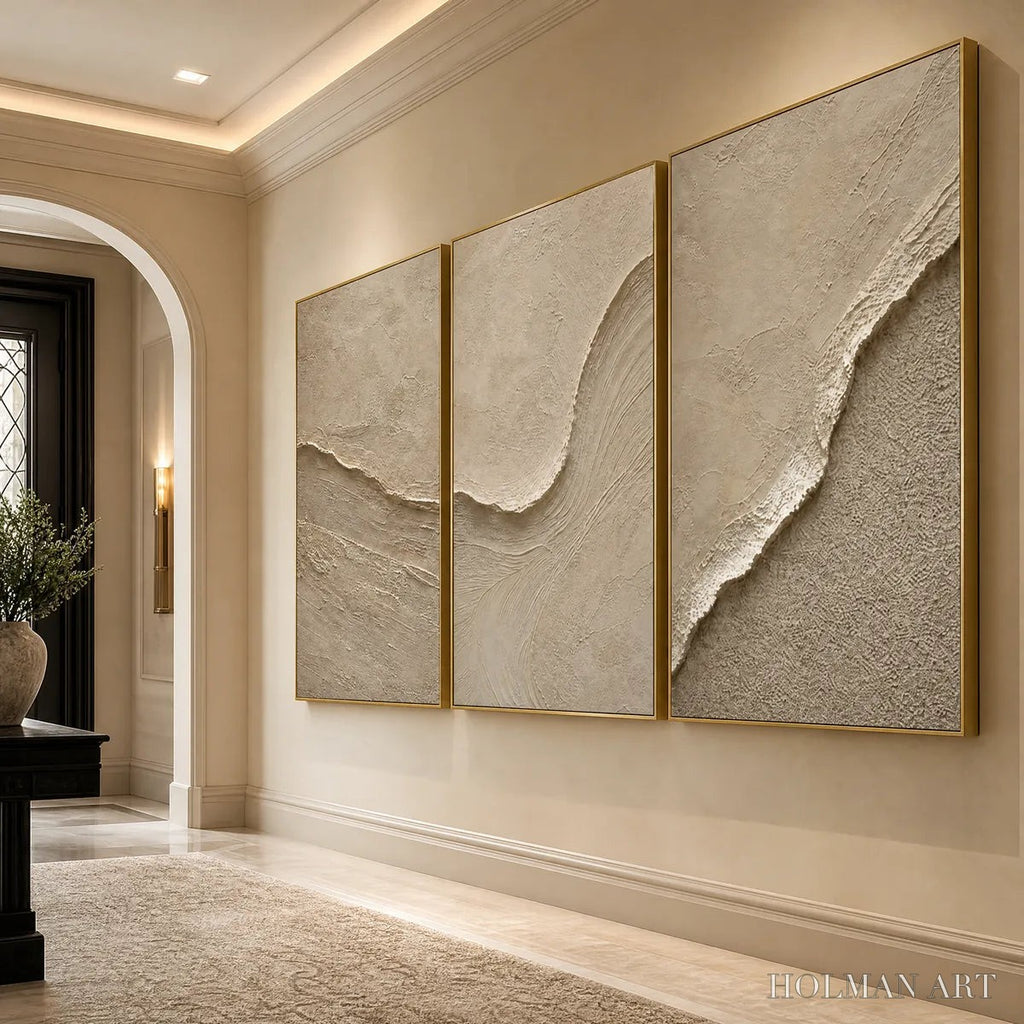 HOLMAN ART Shoreline Echo – Textured Beige Wabi Sabi Set of 3 - image 4