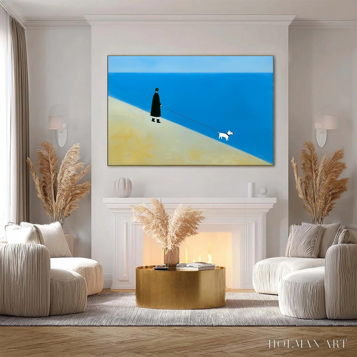 HOLMAN ART Shoreline Minimalist Beach Scene with Dog Original Oil Painting - image 2