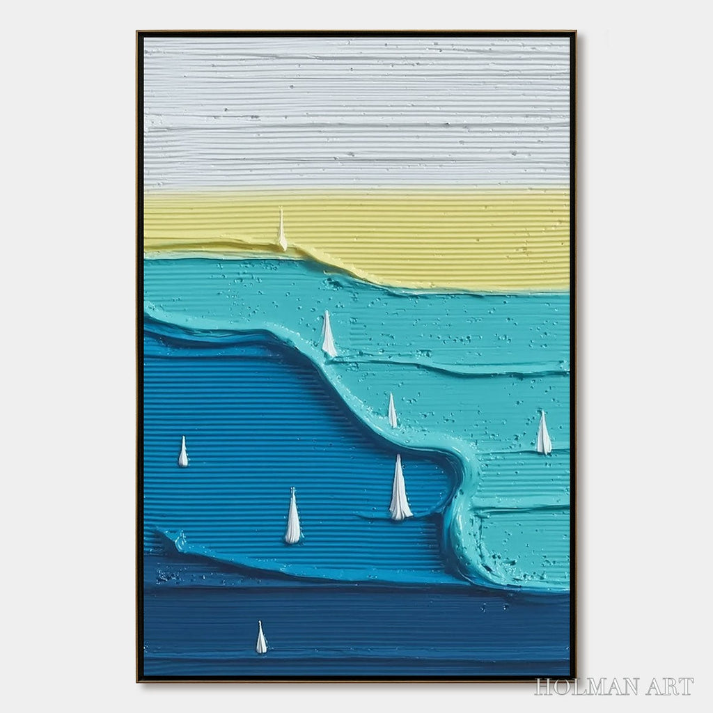 HOLMAN ART Sailboat Serenity – Textured Minimalist Abstract Seascape Painting - image 1