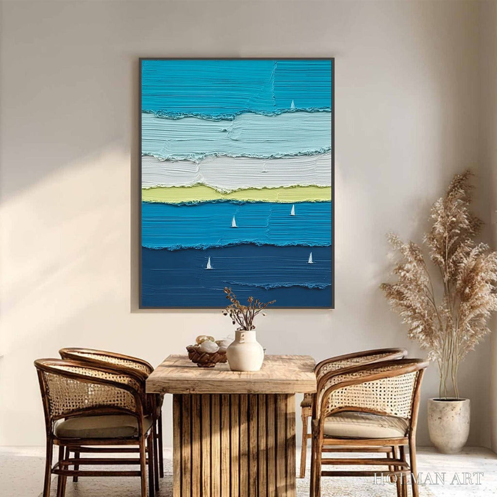 HOLMAN ART Azure Regatta – Textured Vertical Seascape with Sailboats - image 2