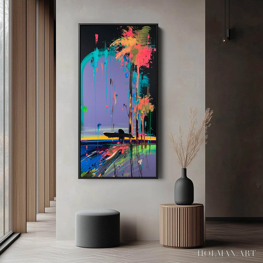 HOLMAN ART Coastal Rush – Vibrant Abstract Surfer and Palm Tree Oil Painting - image 5