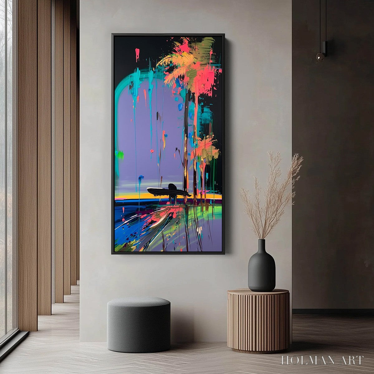 HOLMAN ART Coastal Rush – Vibrant Abstract Surfer and Palm Tree Oil Painting - image 5
