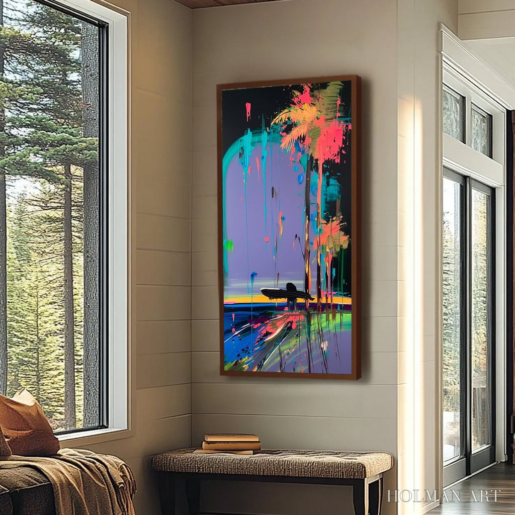 HOLMAN ART Coastal Rush – Vibrant Abstract Surfer and Palm Tree Oil Painting - image 6