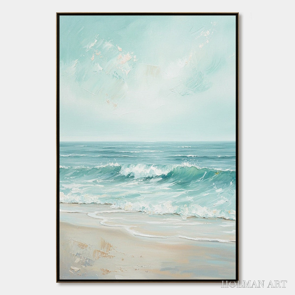 HOLMAN ART Aqua Horizon – Textured Vertical Seascape Oil Painting - image 1