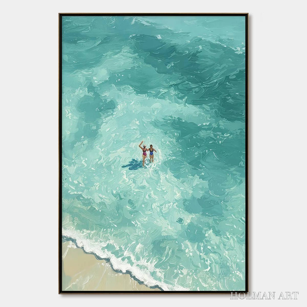 HOLMAN ART Ocean Embrace – Aerial View Beach Scene with Swimmers Oil Painting - image 1