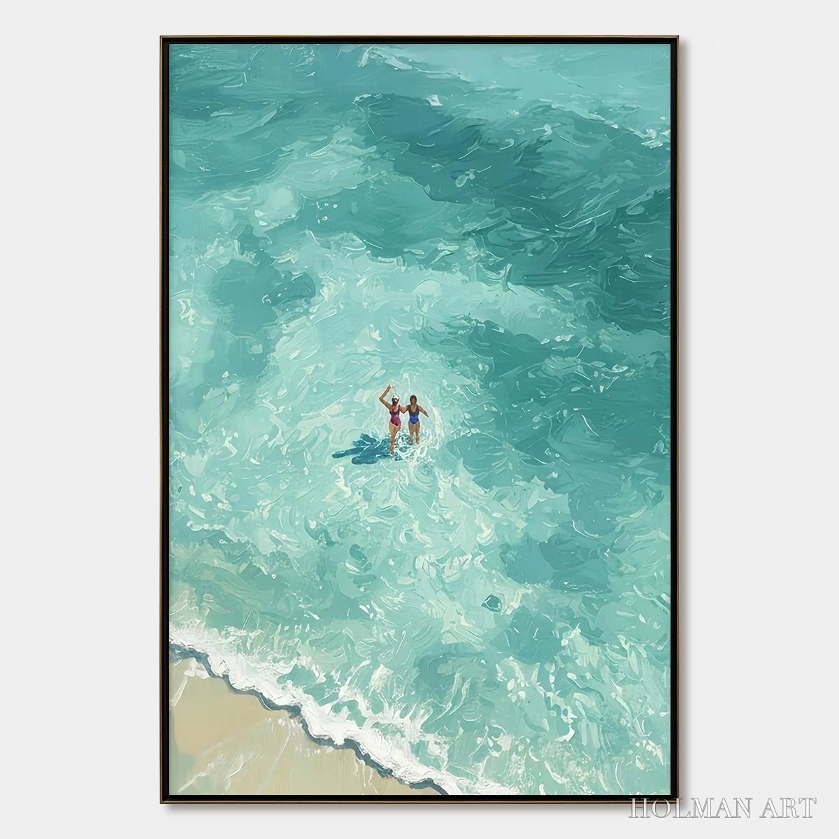 HOLMAN ART Ocean Embrace – Aerial View Beach Scene with Swimmers Oil Painting - image 1