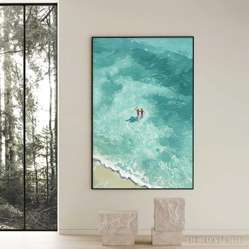 HOLMAN ART Ocean Embrace – Aerial View Beach Scene with Swimmers Oil Painting - image 2
