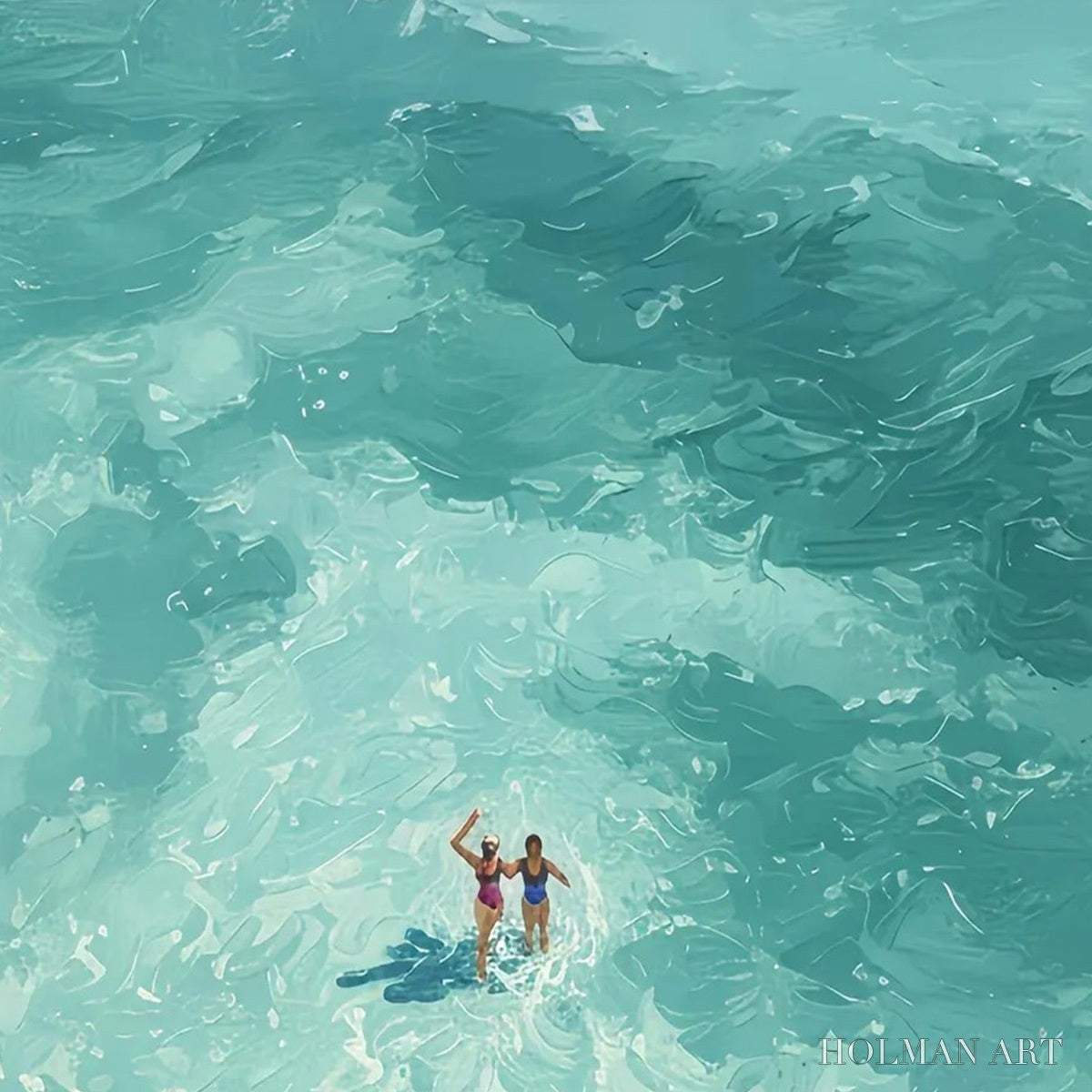 HOLMAN ART Ocean Embrace – Aerial View Beach Scene with Swimmers Oil Painting - image 3
