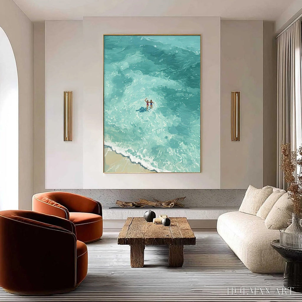 HOLMAN ART Ocean Embrace – Aerial View Beach Scene with Swimmers Oil Painting - image 4
