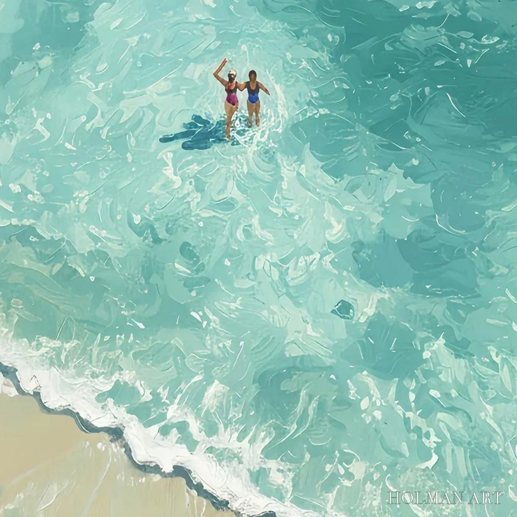 HOLMAN ART Ocean Embrace – Aerial View Beach Scene with Swimmers Oil Painting - image 5