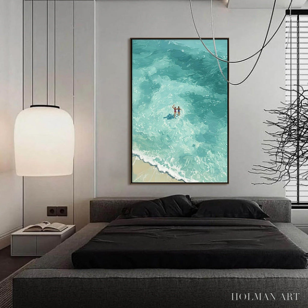 HOLMAN ART Ocean Embrace – Aerial View Beach Scene with Swimmers Oil Painting - image 6
