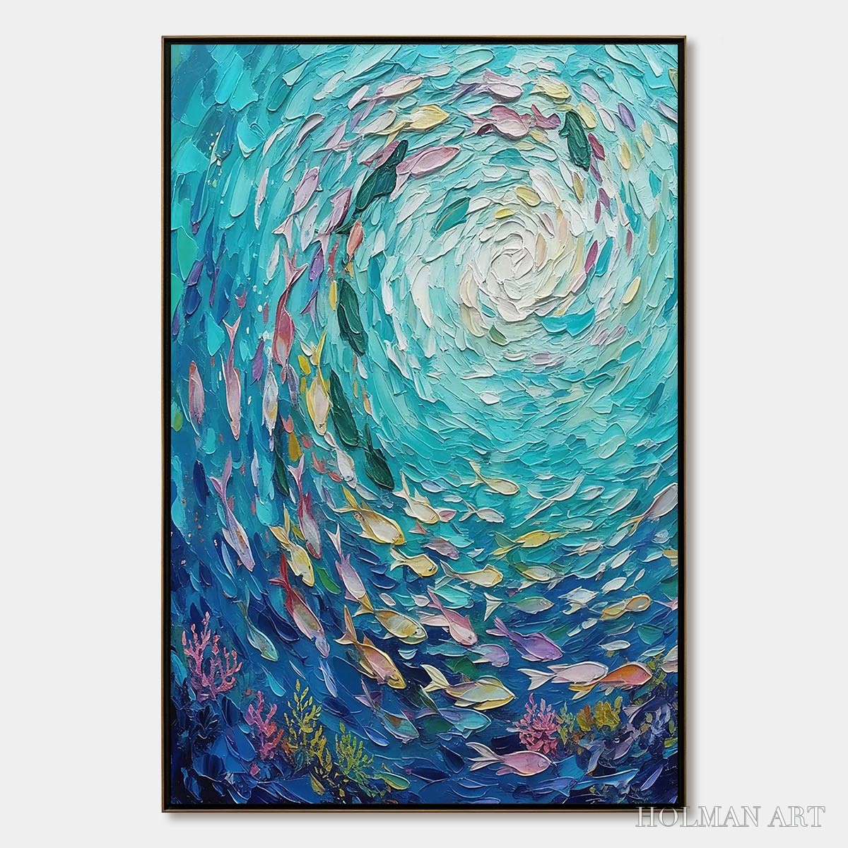 HOLMAN ART Azure Whirlpool – Textured Impasto Painting of a Vibrant Fish School - image 1