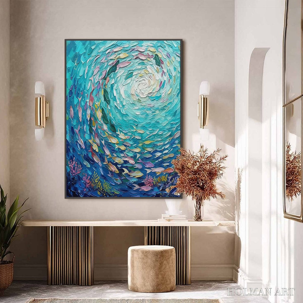 HOLMAN ART Azure Whirlpool – Textured Impasto Painting of a Vibrant Fish School - image 2