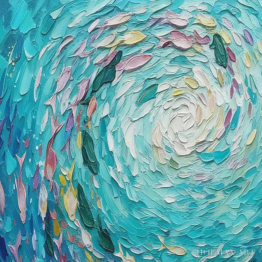 HOLMAN ART Azure Whirlpool – Textured Impasto Painting of a Vibrant Fish School - image 3