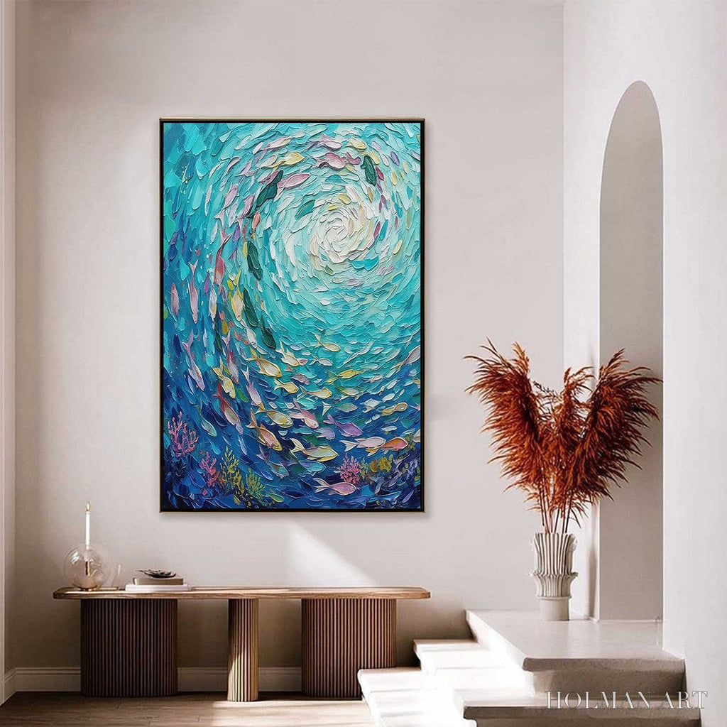HOLMAN ART Azure Whirlpool – Textured Impasto Painting of a Vibrant Fish School - image 4