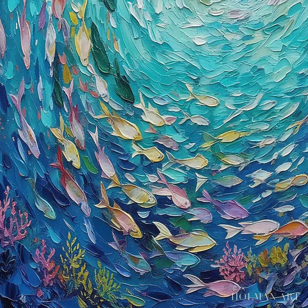 HOLMAN ART Azure Whirlpool – Textured Impasto Painting of a Vibrant Fish School - image 5