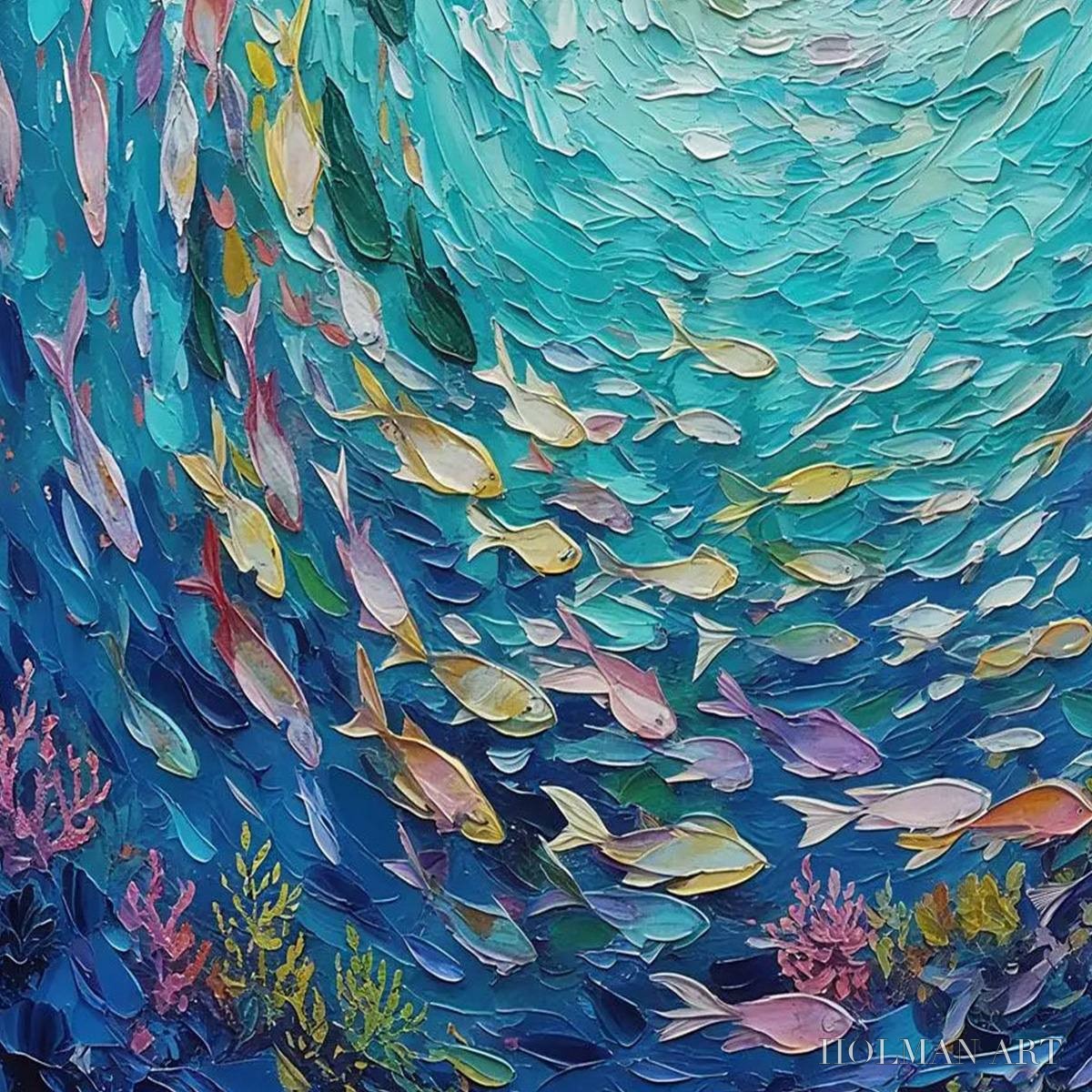 HOLMAN ART Azure Whirlpool – Textured Impasto Painting of a Vibrant Fish School - image 5