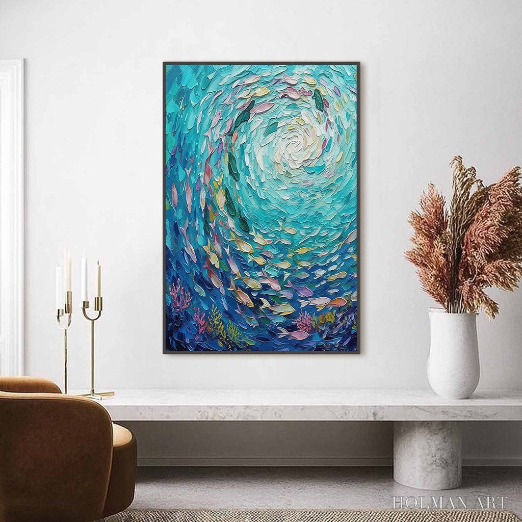 HOLMAN ART Azure Whirlpool – Textured Impasto Painting of a Vibrant Fish School - image 6