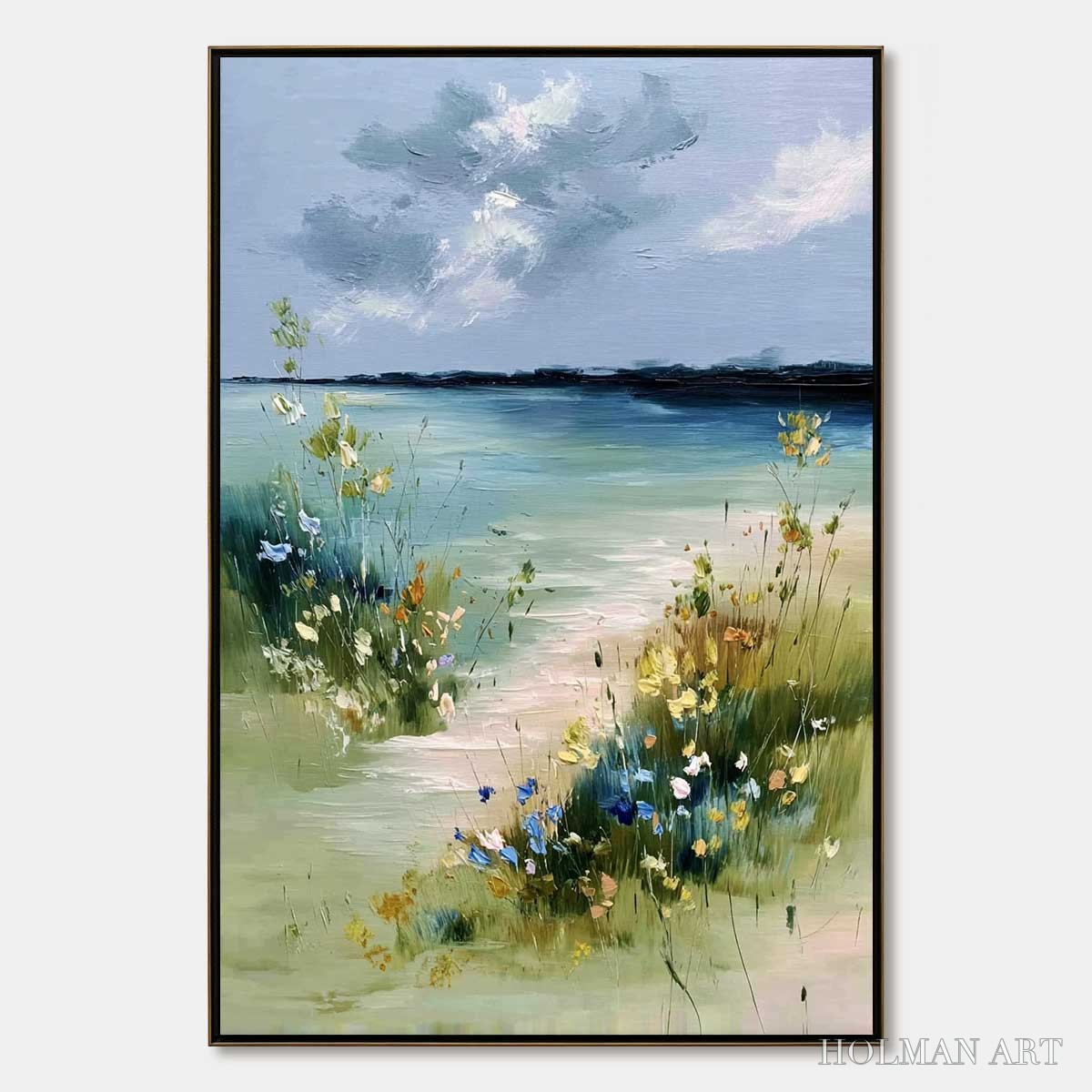 HOLMAN ART Coastal Serenity – Textured Vertical Seascape Painting with Wildflowers - image 1