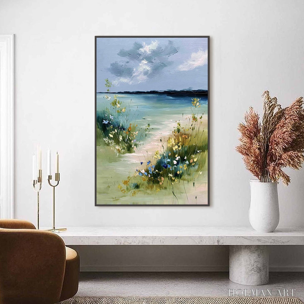 HOLMAN ART Coastal Serenity – Textured Vertical Seascape Painting with Wildflowers - image 2