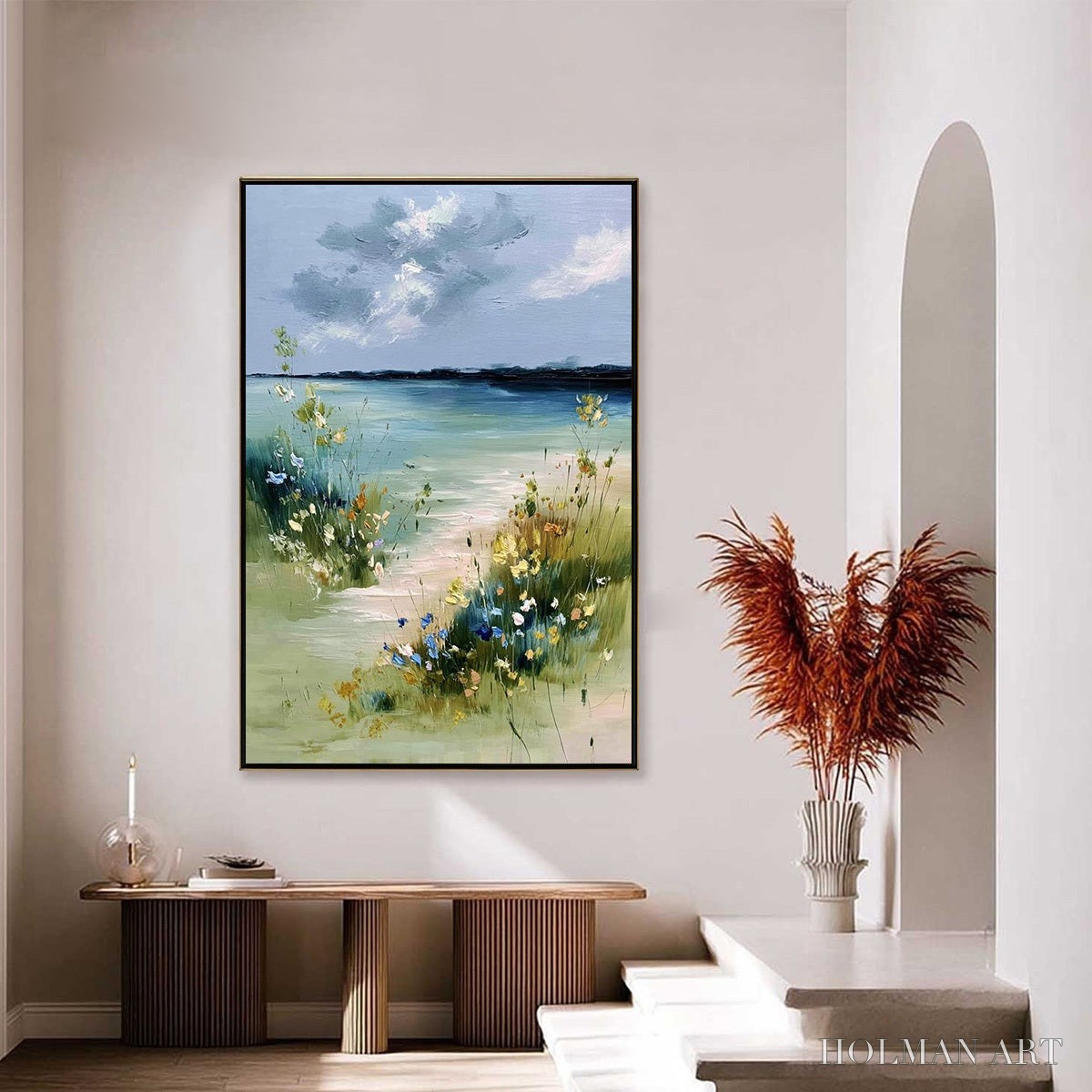 HOLMAN ART Coastal Serenity – Textured Vertical Seascape Painting with Wildflowers - image 4