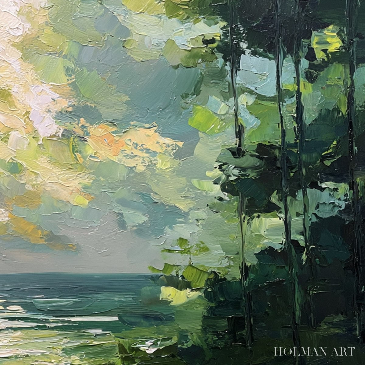 HOLMAN ART Emerald Overlook – Textured Palette Knife Seascape Forest Painting - image 5