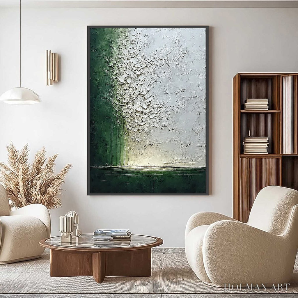 HOLMAN ART Emerald Fall – Large Green and White Textured Wabi Sabi Abstract Painting - image 2