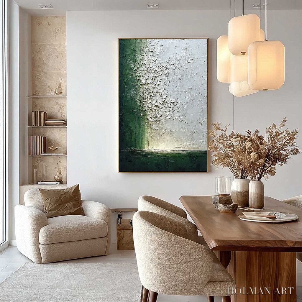 HOLMAN ART Emerald Fall – Large Green and White Textured Wabi Sabi Abstract Painting - image 4