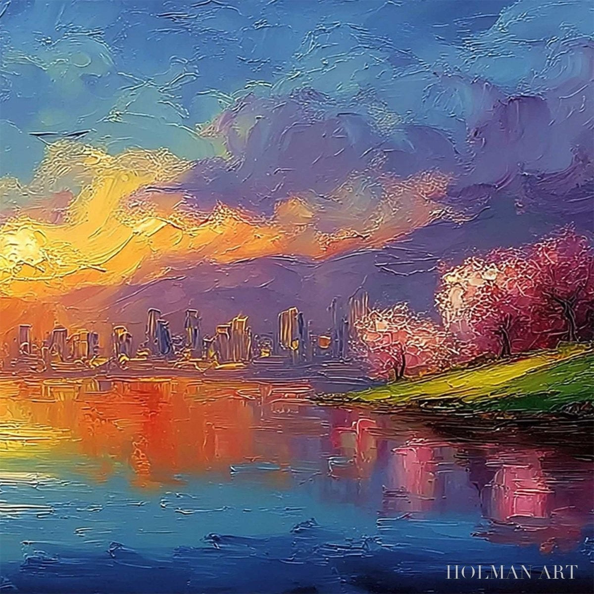 HOLMAN ART Vibrant Horizon – Textured Impasto Cityscape Sunset Painting - image 5