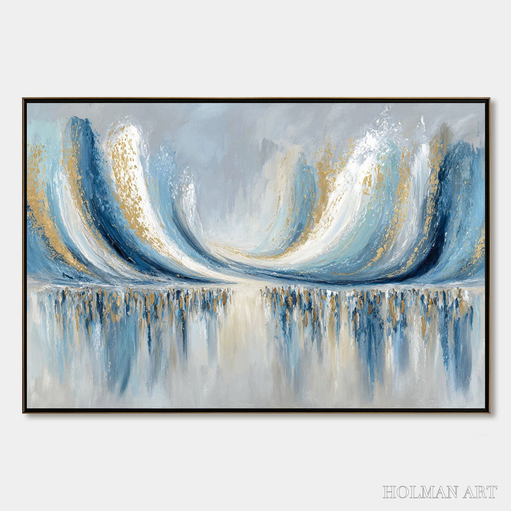 HOLMAN ART Coastal Echoes – Abstract Gold & Blue Textured Seascape Painting - image 1