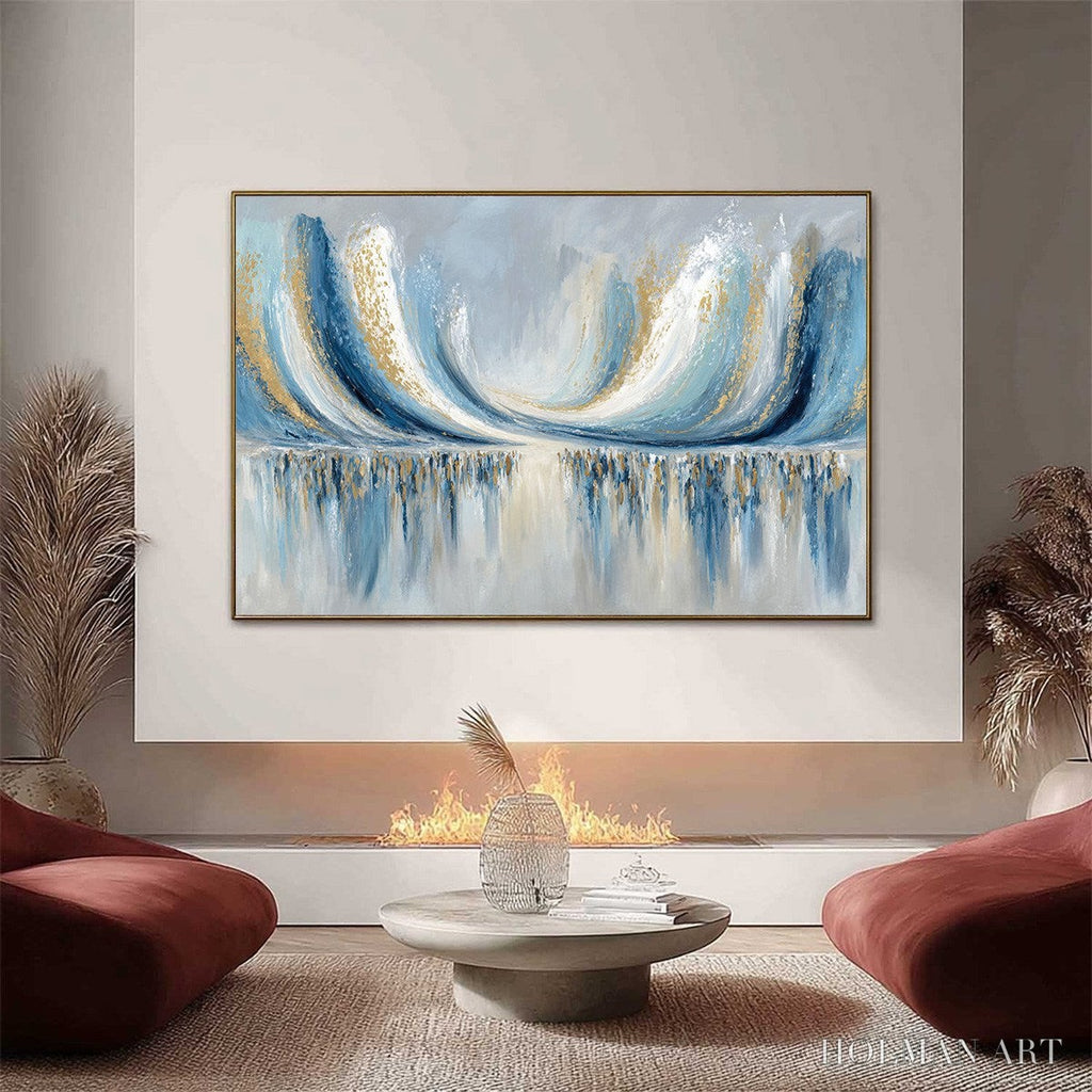 HOLMAN ART Coastal Echoes – Abstract Gold & Blue Textured Seascape Painting - image 2