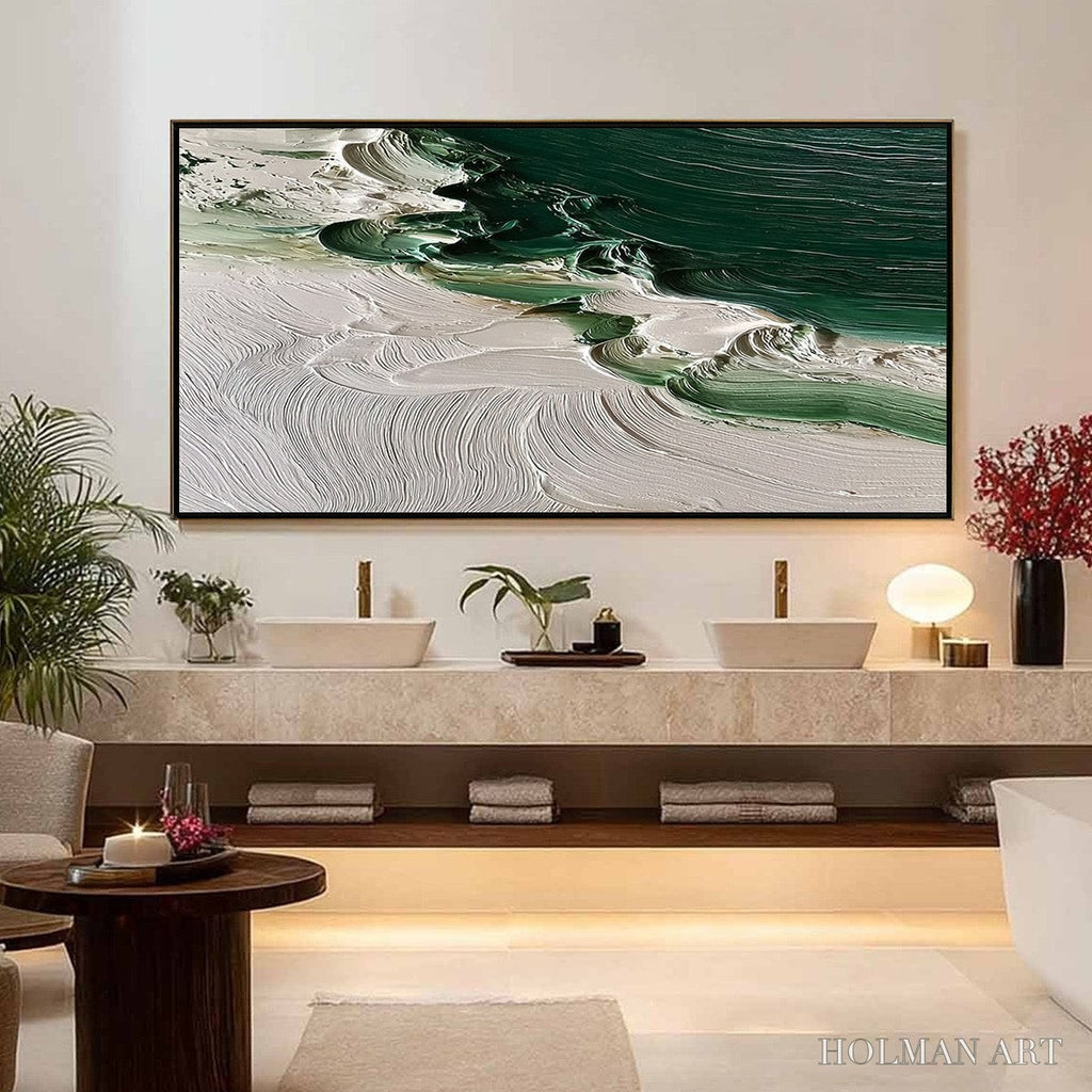 HOLMAN ART Emerald Tide – Textured Green and White Wabi Sabi Abstract Painting - image 2