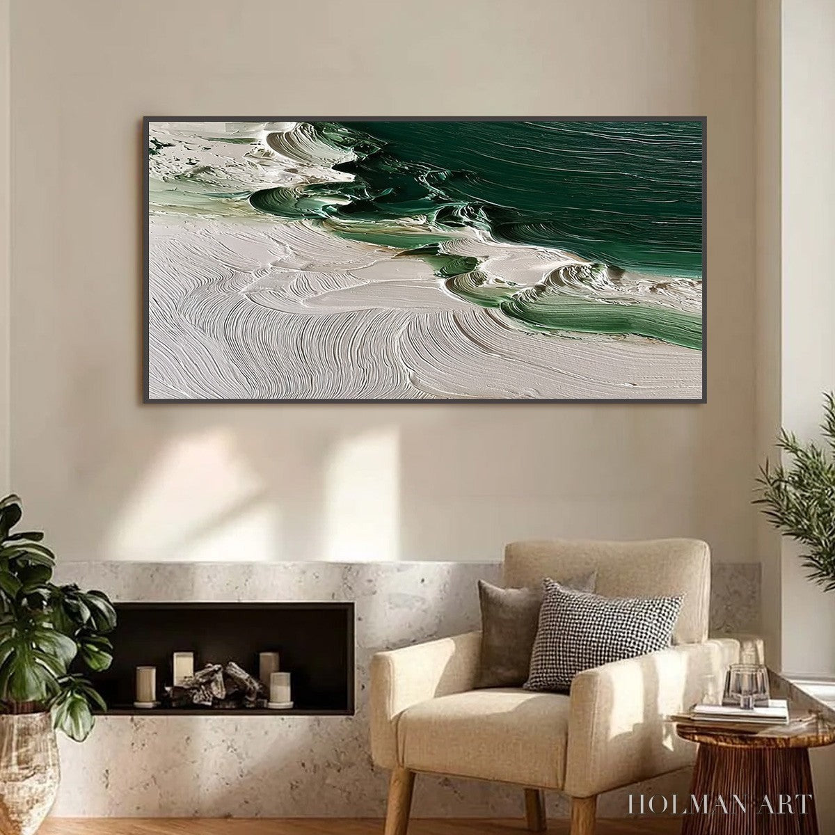 HOLMAN ART Emerald Tide – Textured Green and White Wabi Sabi Abstract Painting - image 4